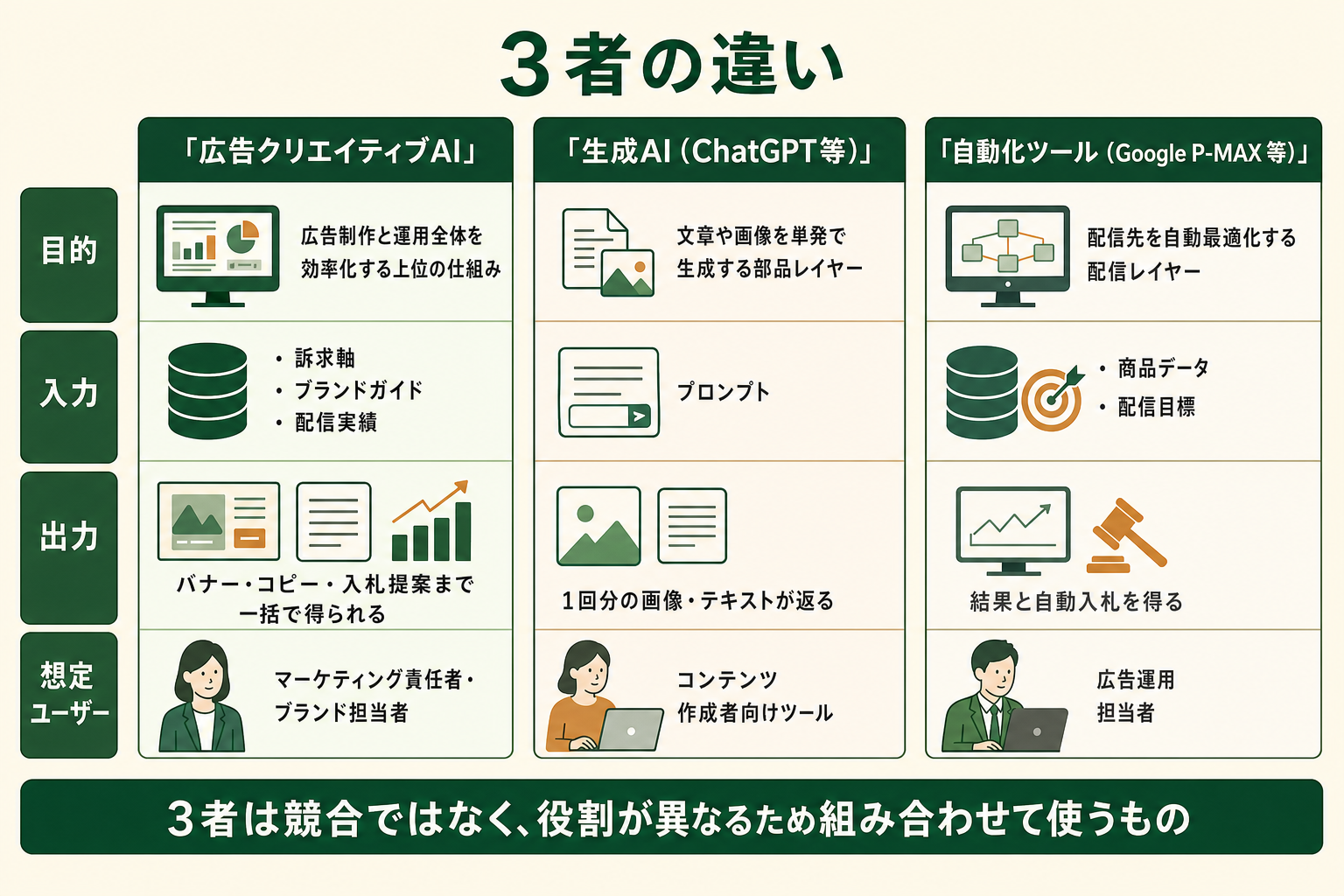 広告クリエイティブAIと生成AI・既存自動化ツールの位置付けを示した概念図