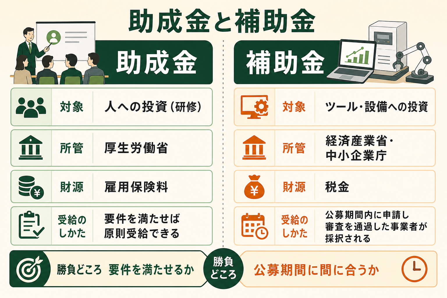 助成金と補助金の違いを示す図。左の助成金は対象が人への投資（研修）、所管は厚生労働省、財源は雇用保険料で、要件を満たせば原則受給できる。右の補助金は対象がツール・設備への投資、所管は経済産業省・中小企業庁、財源は税金で、公募期間内に申請し審査を通過した事業者が採択される。
