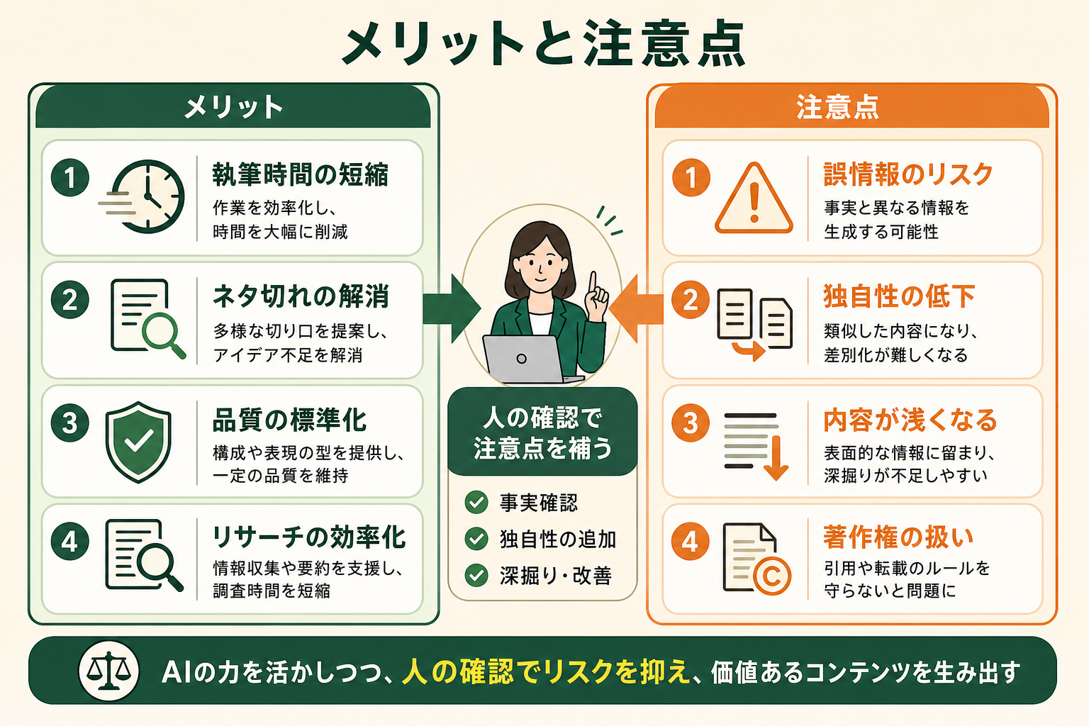 AIで記事を作成するメリットと、その裏返しになる注意点（デメリット）を左右の対比で理解できるようにする概念図。