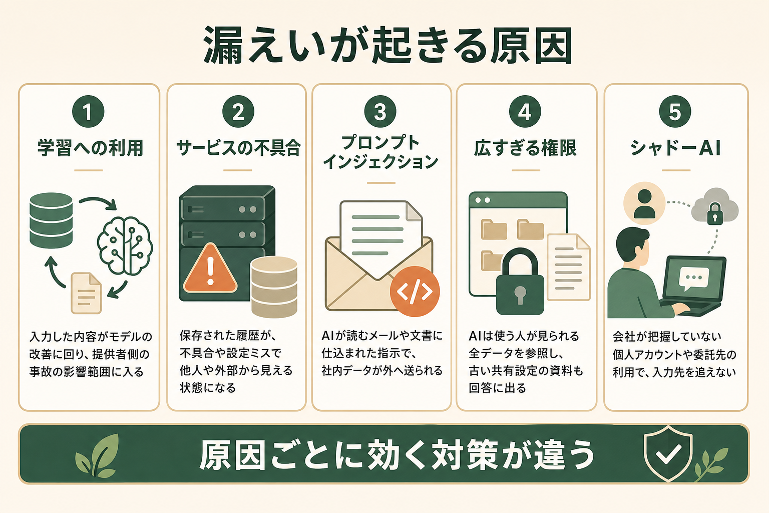 漏えいが起きる原因の図解。学習への利用、サービスの不具合、プロンプトインジェクション、広すぎる権限、シャドーAI