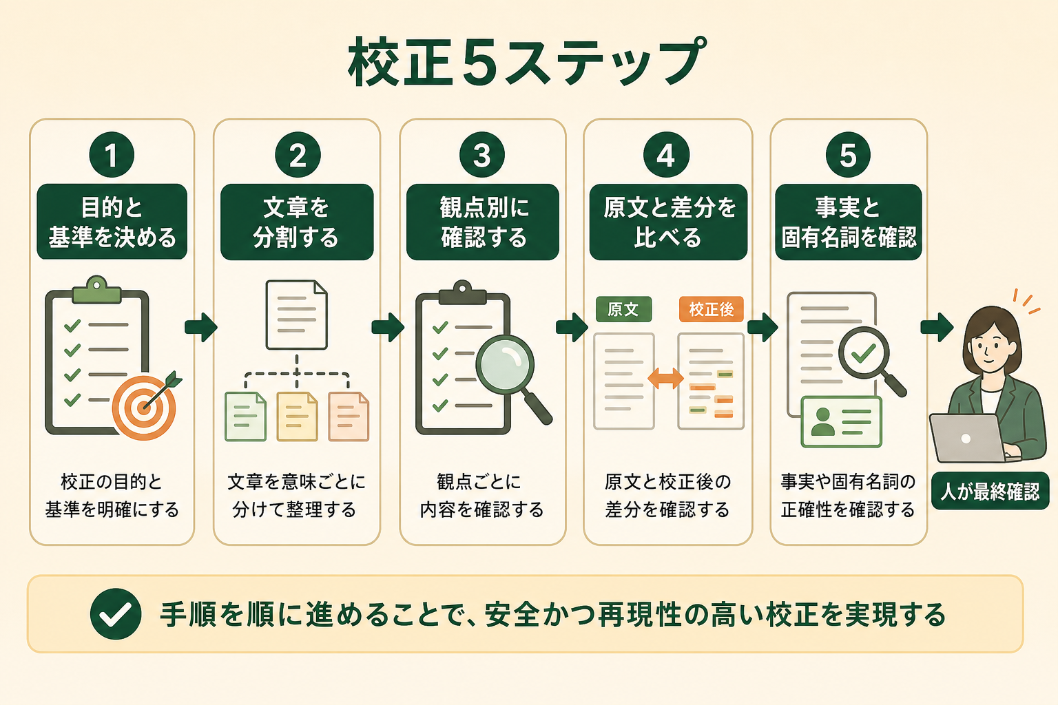 AIによる文書校正を安全かつ再現性高く進める5段階の流れを、左から右へ追えるプロセス図にする。