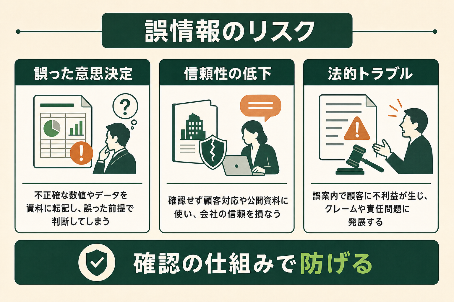 ハルシネーションが招くリスクを誤った意思決定・信頼性の低下・法的トラブルの3つで示し、確認の仕組みで防げると結ぶ図