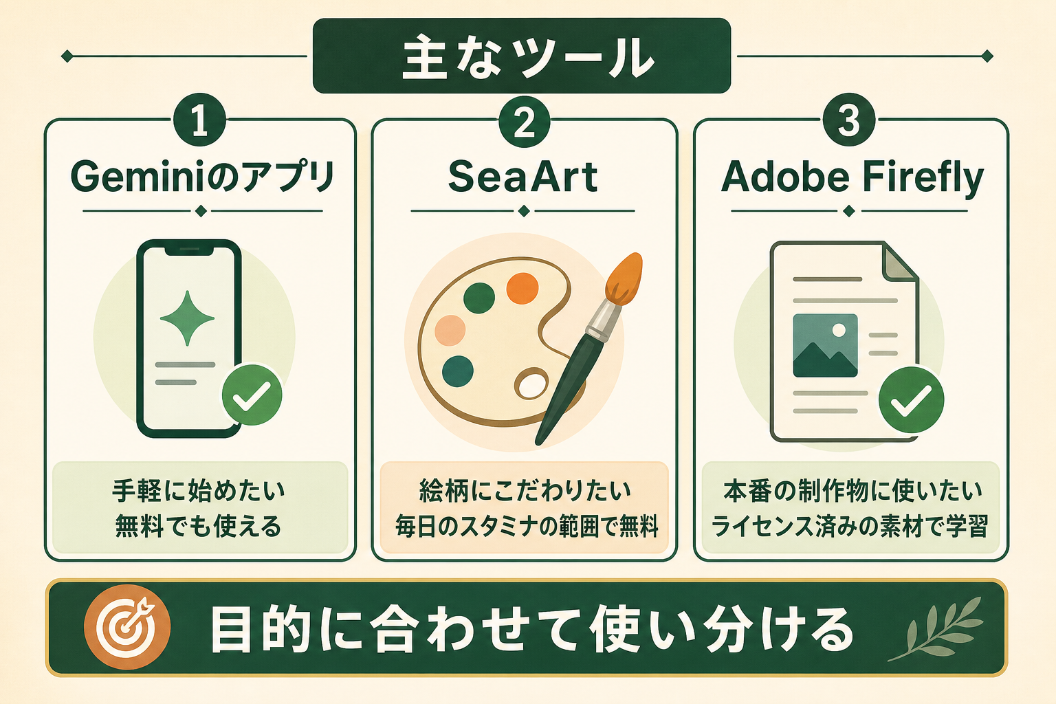 AIイラストを作れる代表的な3つのツールの向き不向きを3列で対比し、読者が目的に合うツールを選べるようにする。
