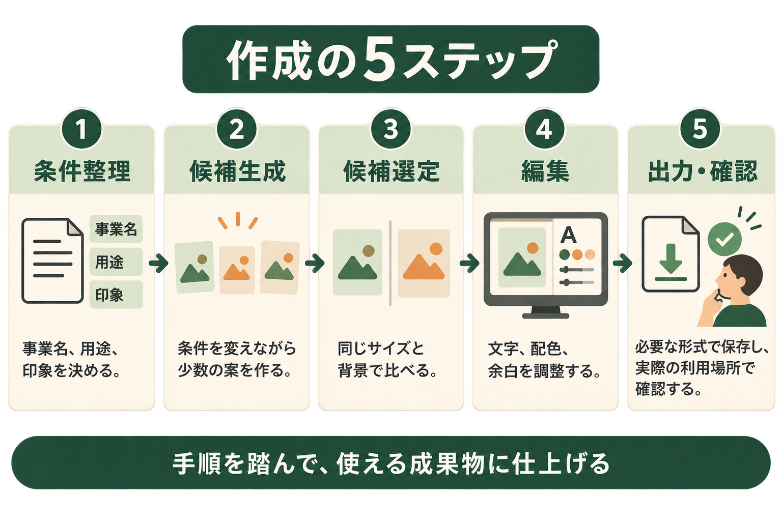 作成の5ステップの図解。条件整理、候補生成、候補選定、編集、出力・確認