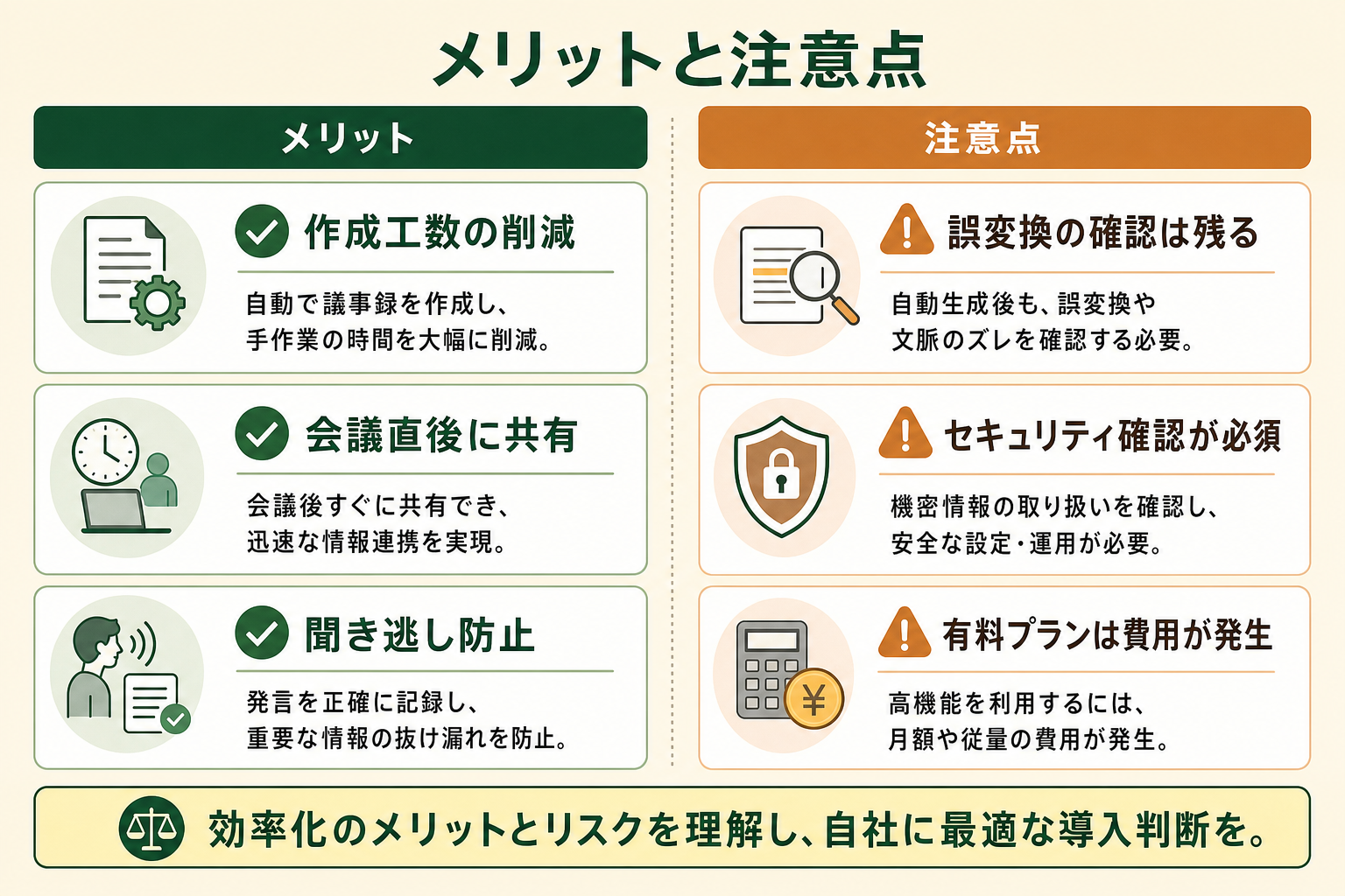 AI議事録導入のメリットと注意点を左右対比で一望でき、導入判断の論点が整理された状態をつくる。