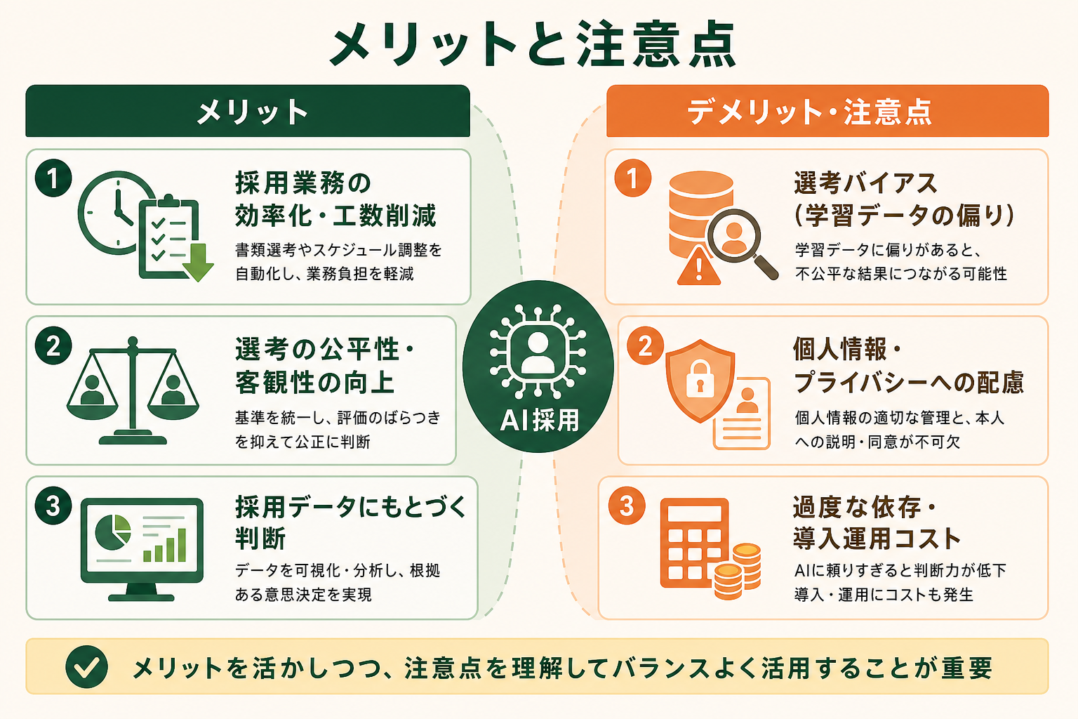 AI採用のメリットと、導入前に押さえるべきデメリット・注意点を左右で対比し、両面をバランスよく理解できる図にする。片方に偏らず、良い面と気をつける面をセットで見せる。