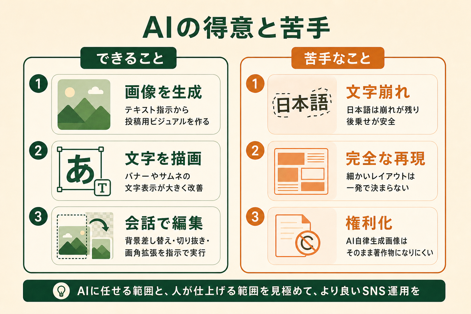 AIでSNS画像を作る際の得意なこと（画像生成・文字描画・会話編集）と苦手なこと（文字崩れ・完全な再現・権利化）を2列で対比した図