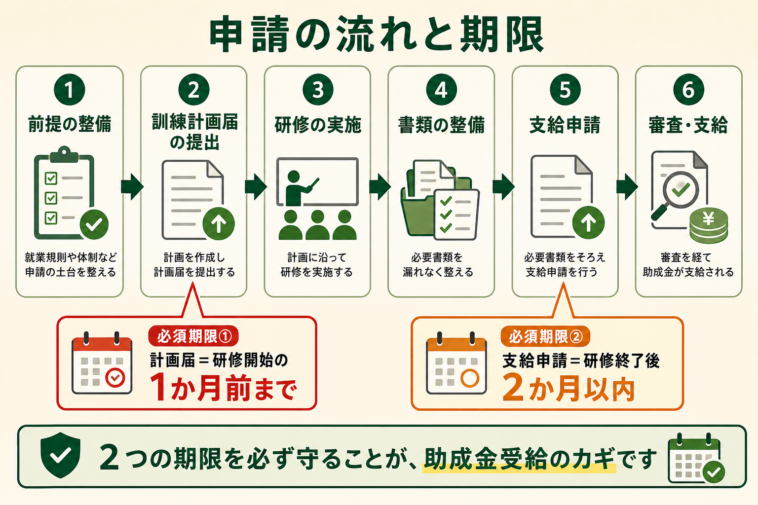 人材開発支援助成金の申請の流れ（6ステップ）と、絶対に外せない2つの期限を、時系列のプロセス図で理解できるようにする。読者が申請スケジュールを期限から逆算して引けることを狙う。