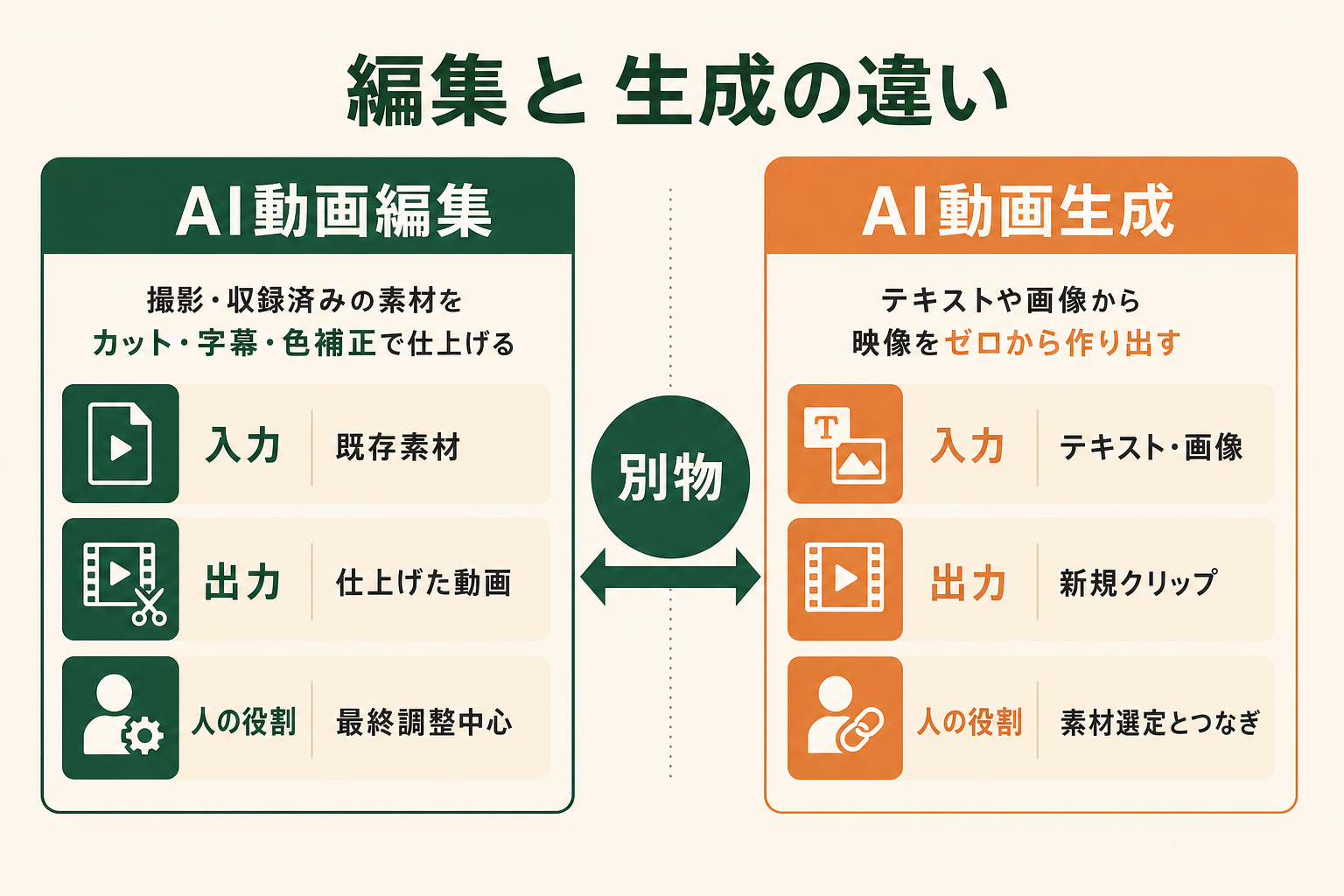 AI動画編集とAI動画生成を入力・出力・人の役割の3観点で対比し、両者が別物であることを示した比較図