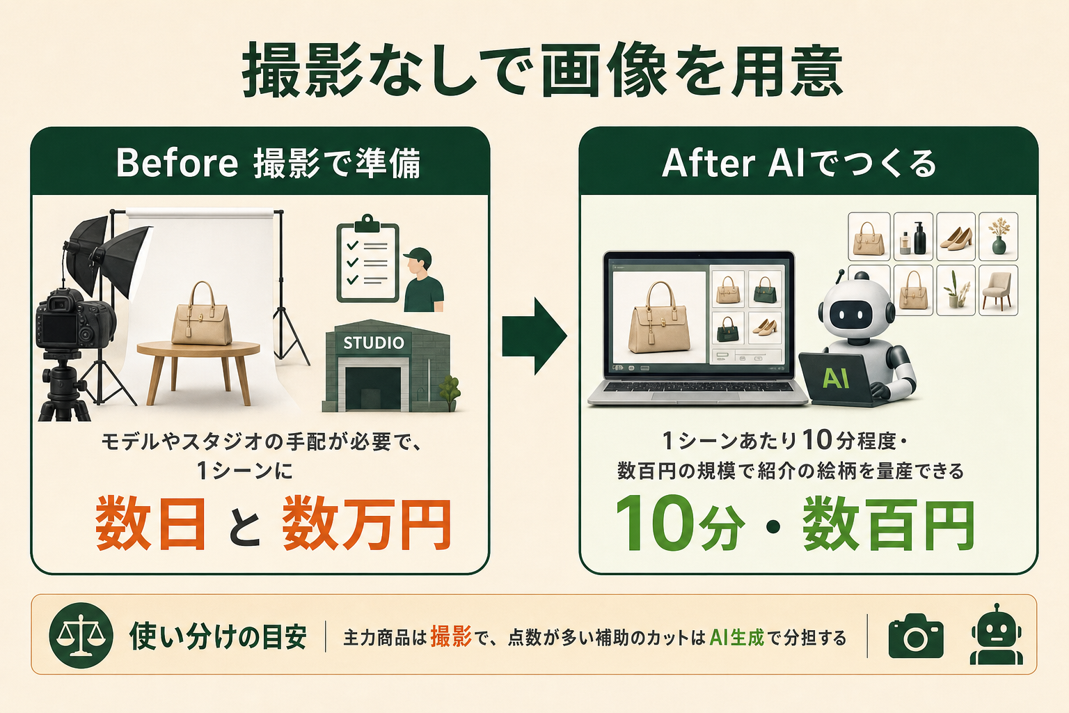 撮影とAI生成の比較で見る、紹介画像を用意する手間とコストの変化