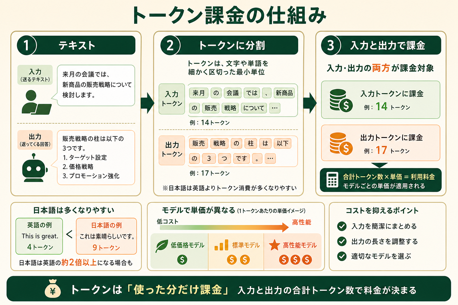 ChatGPT API の従量課金の仕組み（トークン単位で、入力と出力の両方に課金される）を、左から右への流れの 1 枚図で直感的に理解できるようにする。