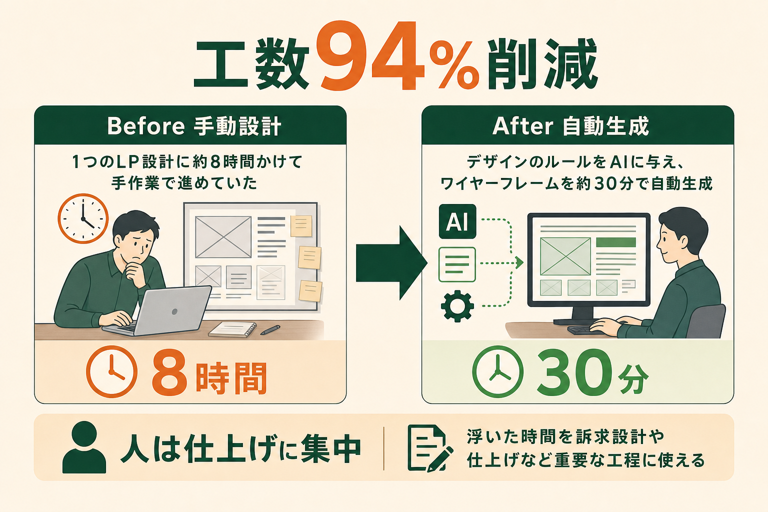 LP設計の手動8時間とAI自動生成30分を対比し、工数を94%削減できることを示したBefore/After比較図