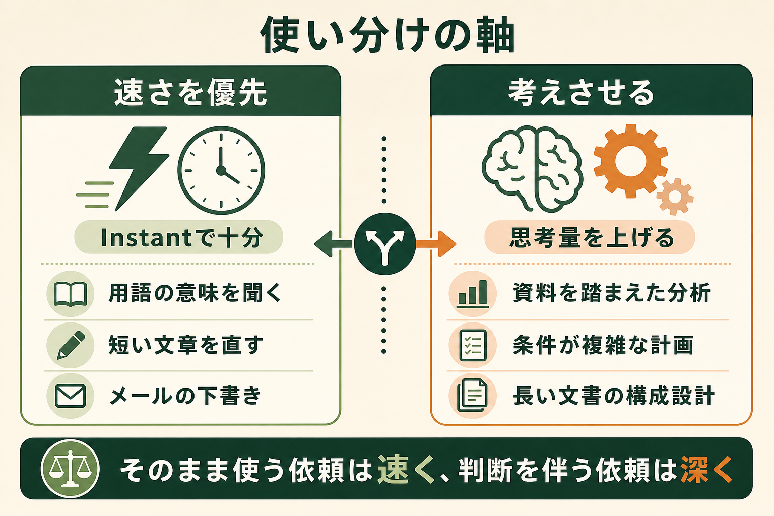 モード選択の判断基準が「答えの速さ」と「検討の深さ」の二択であることを、左右対比のパネルで示し、迷わず選べる型を持ち帰らせる。