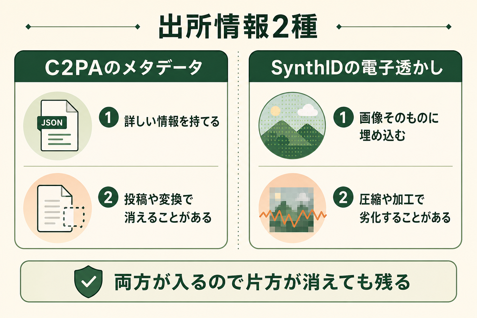 生成画像に埋め込まれる2種類の出所情報が、それぞれ何に強く何に弱いのかを対比で示し、読者が「どちらか一方では足りない」ことを理解できるようにする。