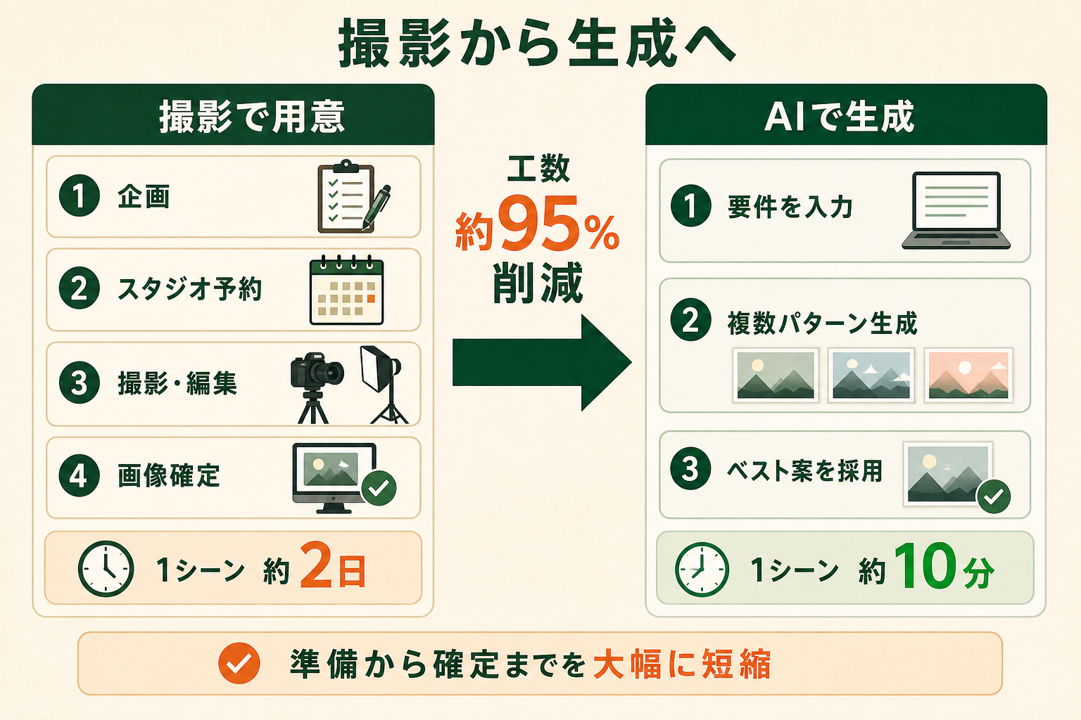 撮影で用意していたシーン画像を画像生成に置き換えると、工程と所要時間がどう変わるのかを、変更前と変更後の対比で示す。