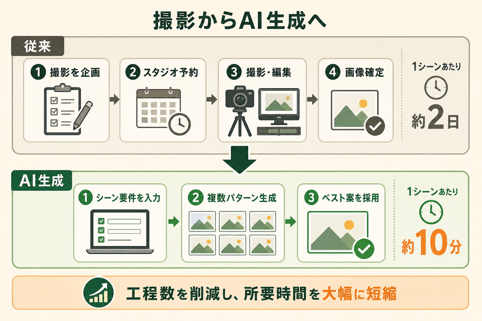商品の利用シーン画像を用意する工程が、撮影からAI生成に置き換わったことで、作業の流れと所要時間がどう変わったかを上下2段のBefore/After構造で示す。