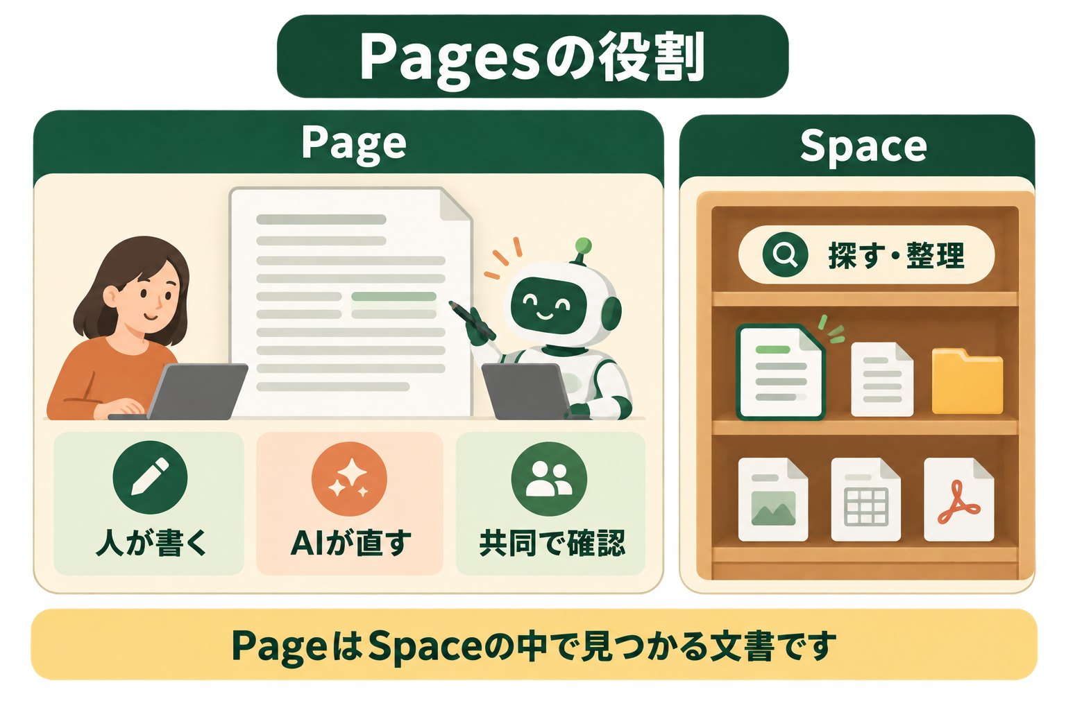 Pagesの役割の図解。Page、Space