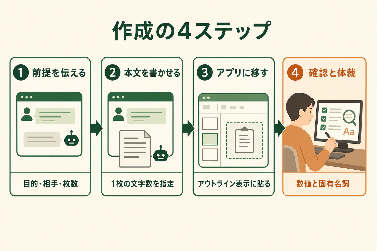 チャット画面でスライドの下書きを作る流れを、4つの工程として順番に理解できるようにする。読者が上から順になぞれば作業を再現できる状態にする。