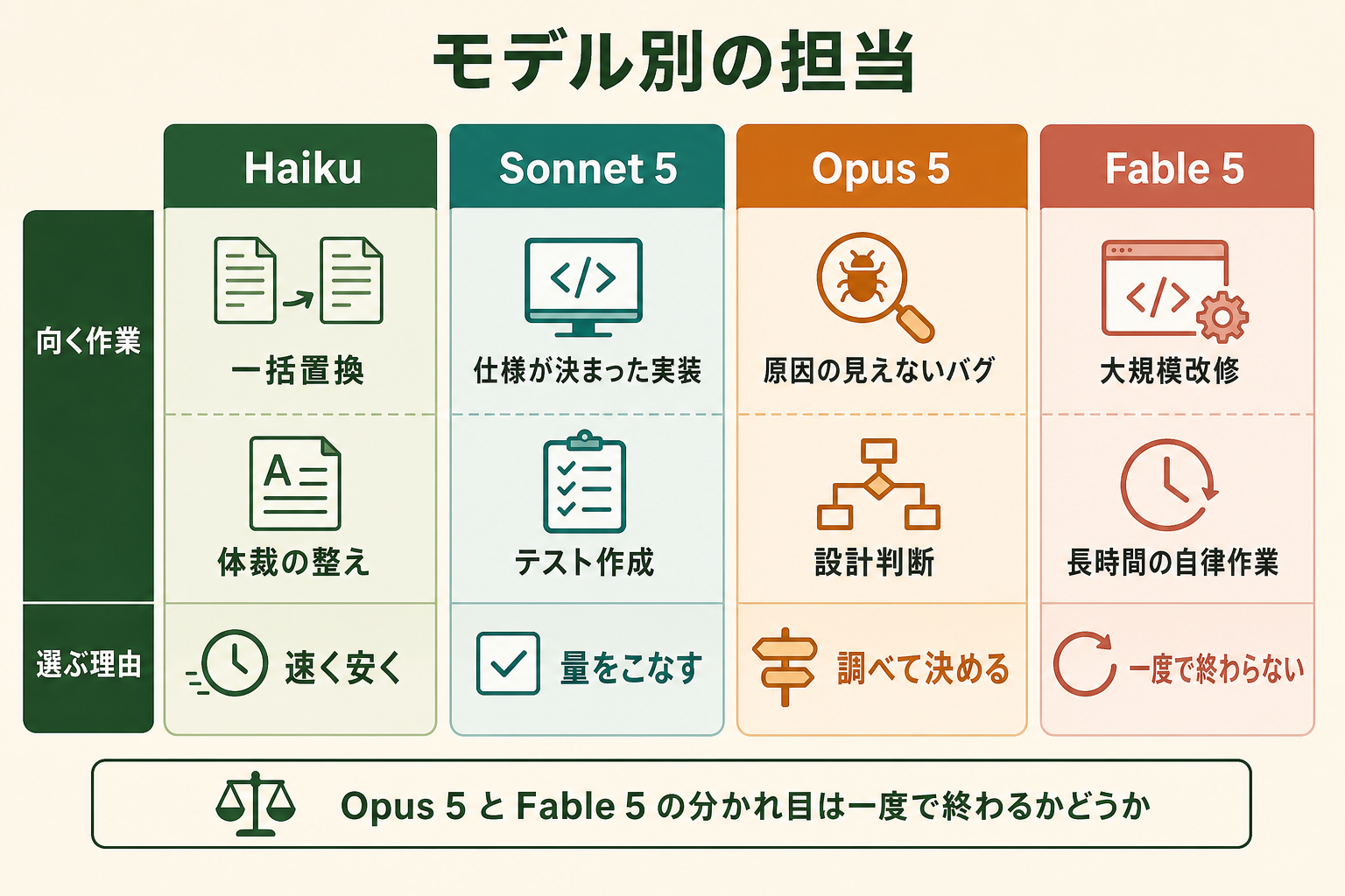 Haiku・Sonnet 5・Opus 5・Fable 5 の 4 モデルについて、向く作業と選ぶ理由を列ごとに並べて対比した図