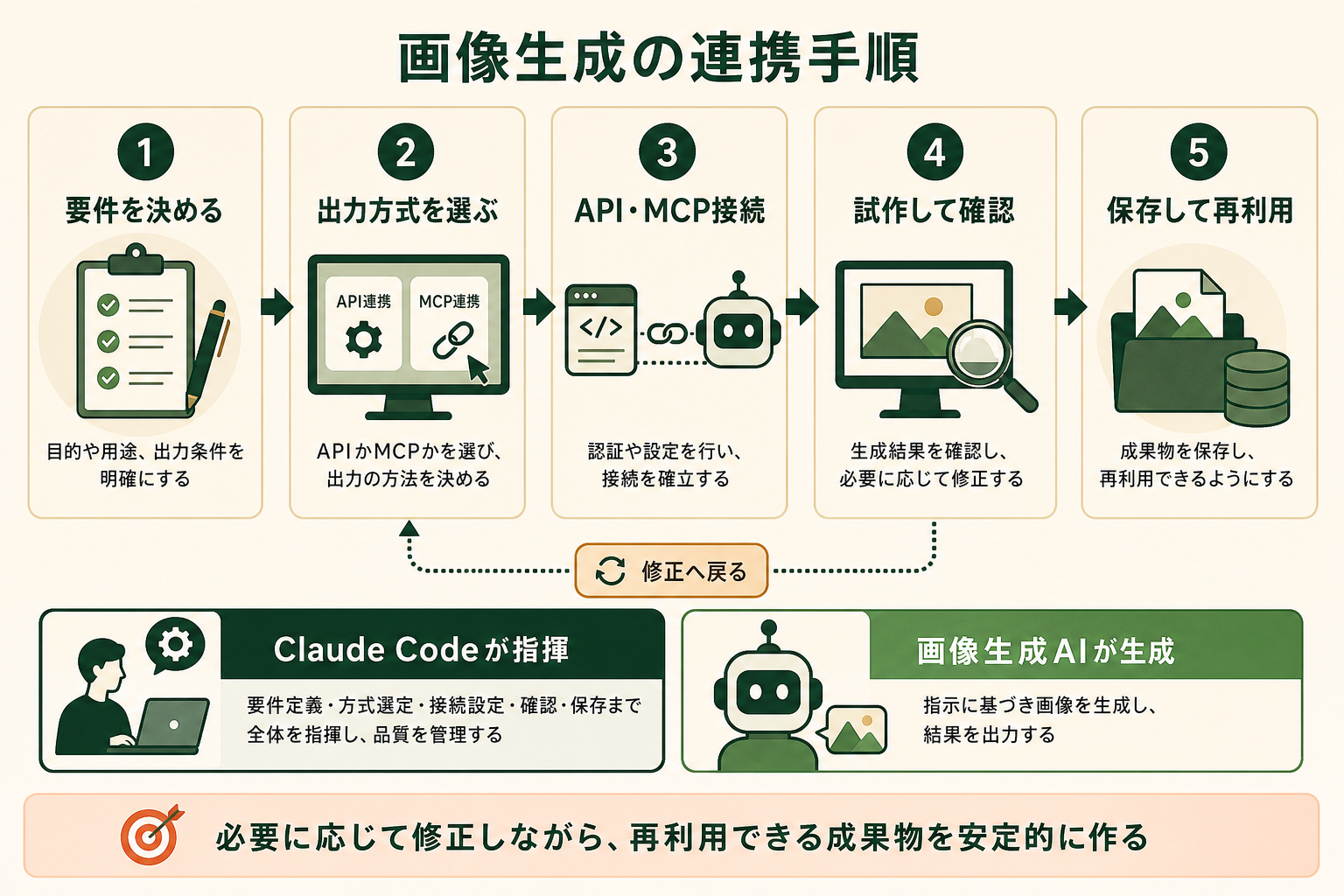 Claude Codeが制作要件を整理し、外部の画像生成AIへ処理を渡して成果物を検証・保存する流れを、初めて連携する読者が一目で理解できるようにする。