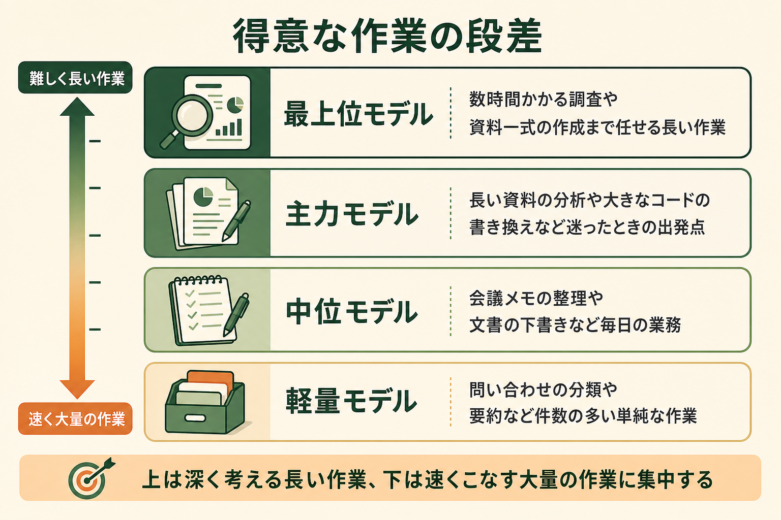 得意な作業の段差の図解。最上位モデル、主力モデル、中位モデル、軽量モデル、難しく長い作業