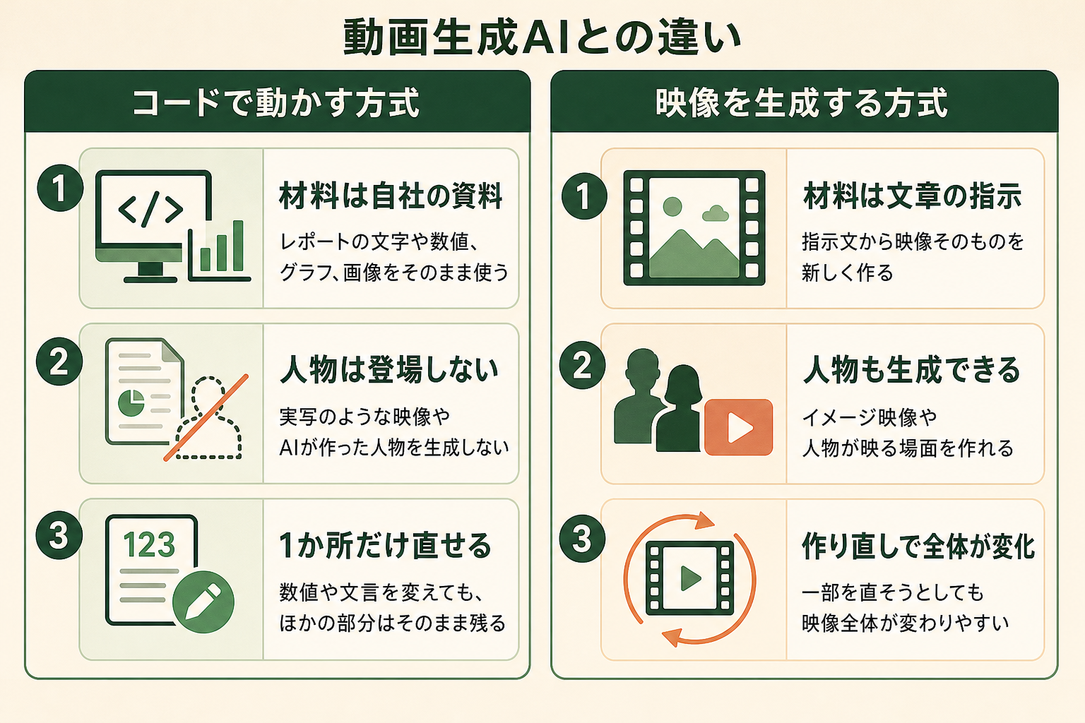 動画生成AIとの違いの図解。コードで動かす方式、材料は自社の資料、人物は登場しない、1か所だけ直せる、映像を生成する方式、材料は文章の指示