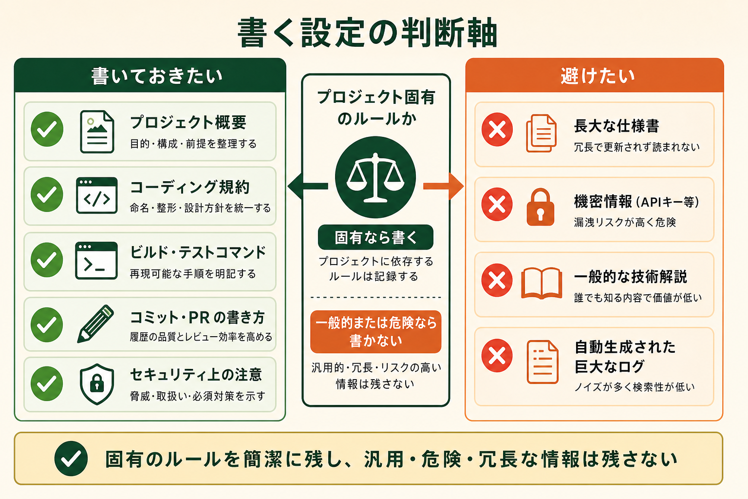 AGENTS.md に「書いておきたい内容」と「書かないほうがよい内容」を左右に対比させ、何を設定すべきかの判断軸を一目で伝える対比図。