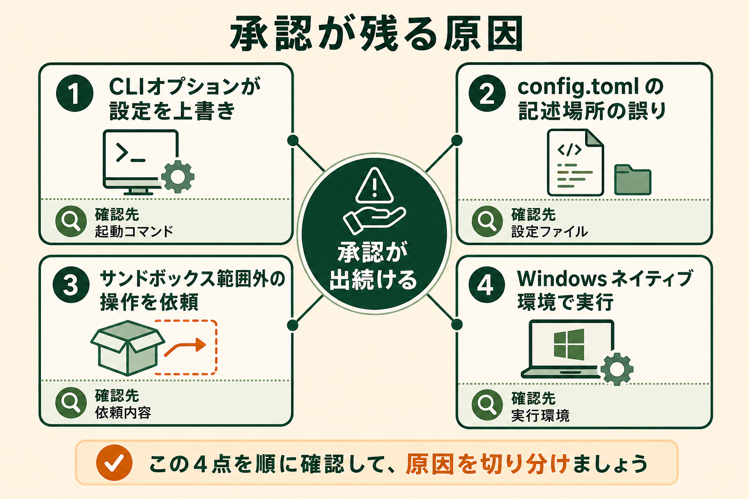 設定を変えたのに承認が出続けるときに疑うべき4つの原因を、切り分けの地図として一枚で提示する。