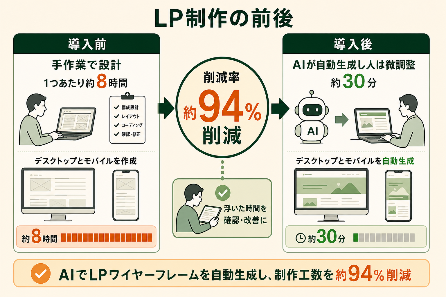AIコーディングエージェントでLPのワイヤーフレームを自動生成し、制作工数を約94%削減した事例の導入前後を、左右の対比で示す。読者が削減インパクトを直感的につかめるようにする。