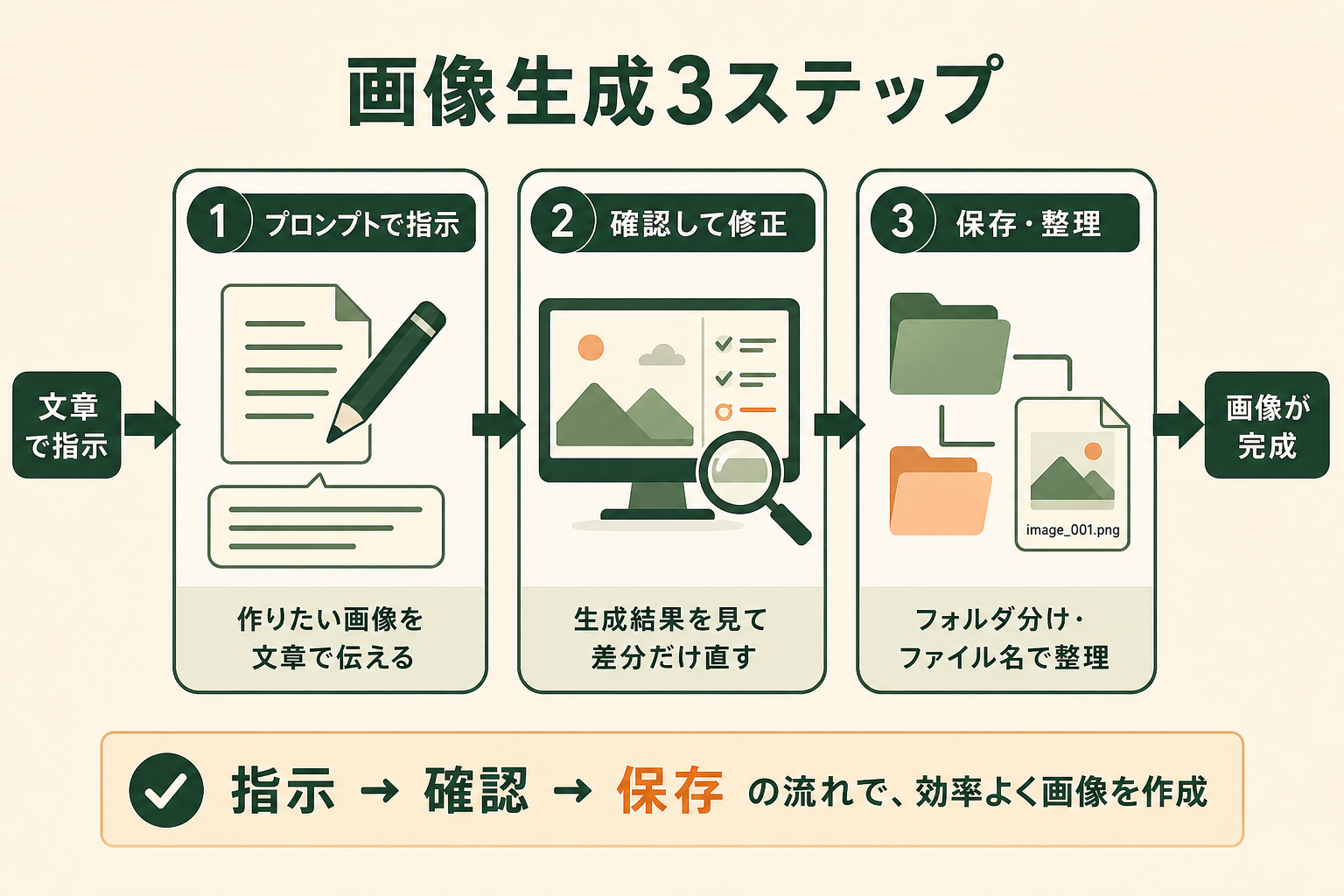 Codexで画像を生成する基本の流れを、3つのステップとして左から右へ順番に理解できるようにする。読者が「指示する・確認する・保存する」の全体像を一目でつかめる図にする。