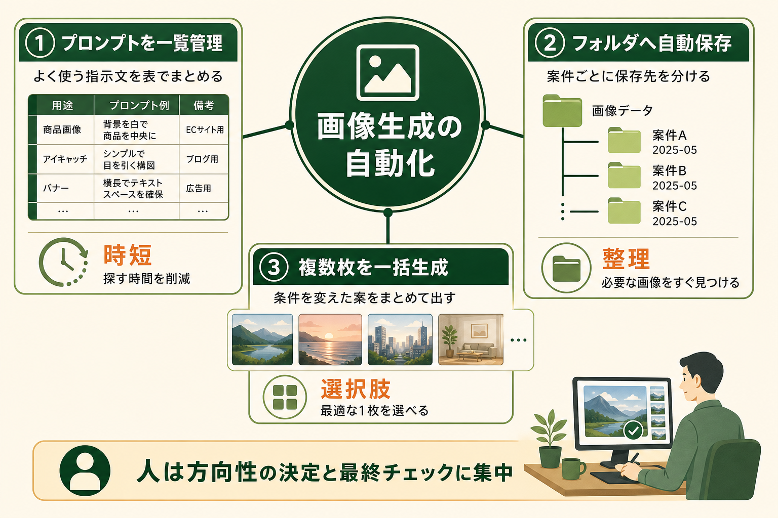 画像生成を1枚ずつ作るのではなく、まとめて任せて効率化するための3つの工夫を、中心テーマと周辺要素の関係として示す。読者が自動化の打ち手を整理して理解できる図にする。