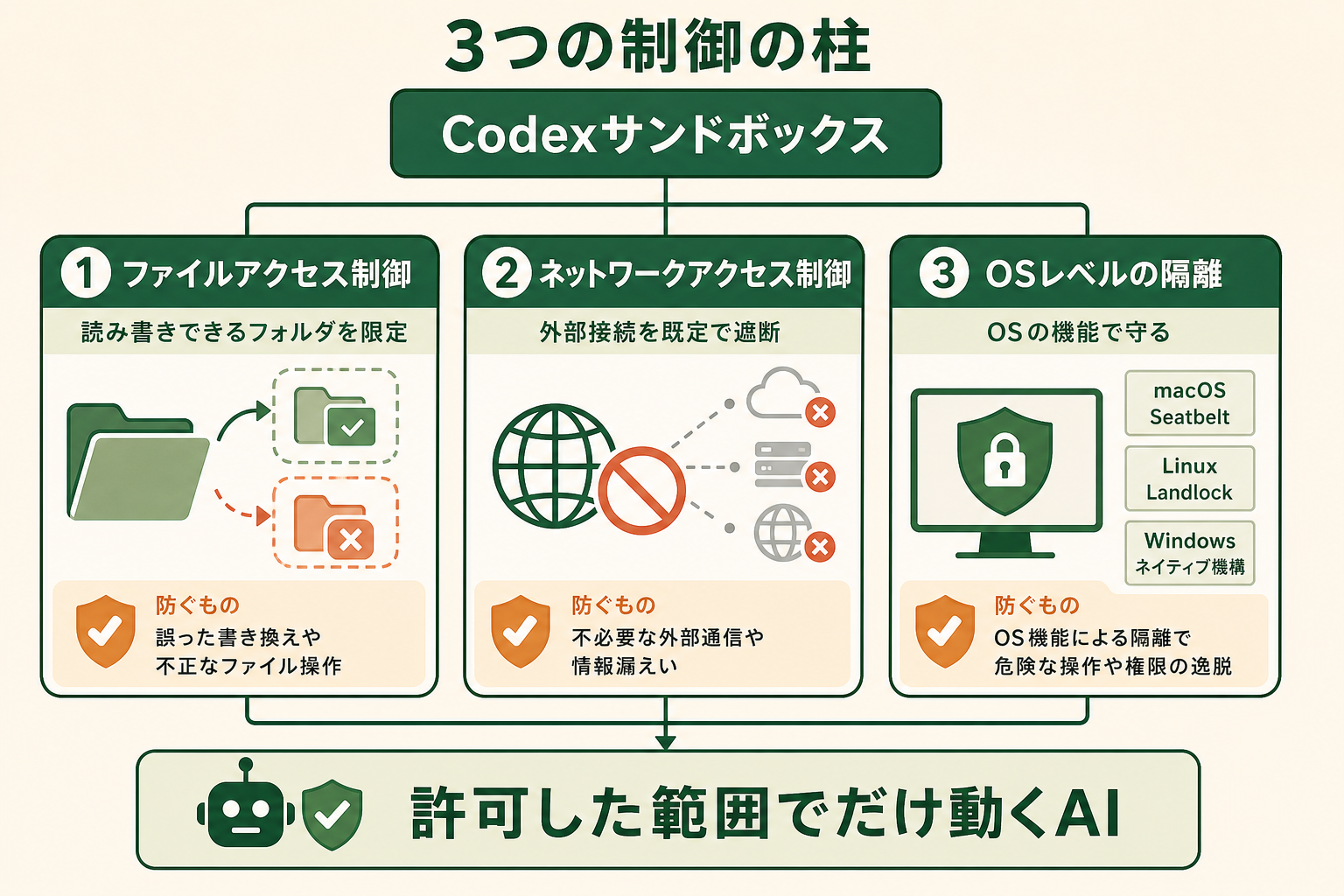 Codexのサンドボックスが「ファイルアクセス制御」「ネットワークアクセス制御」「OSレベルの隔離」という3つの仕組みを組み合わせて、AIが操作できる範囲を技術的に制限している構造を、一目で理解できるように示す。
