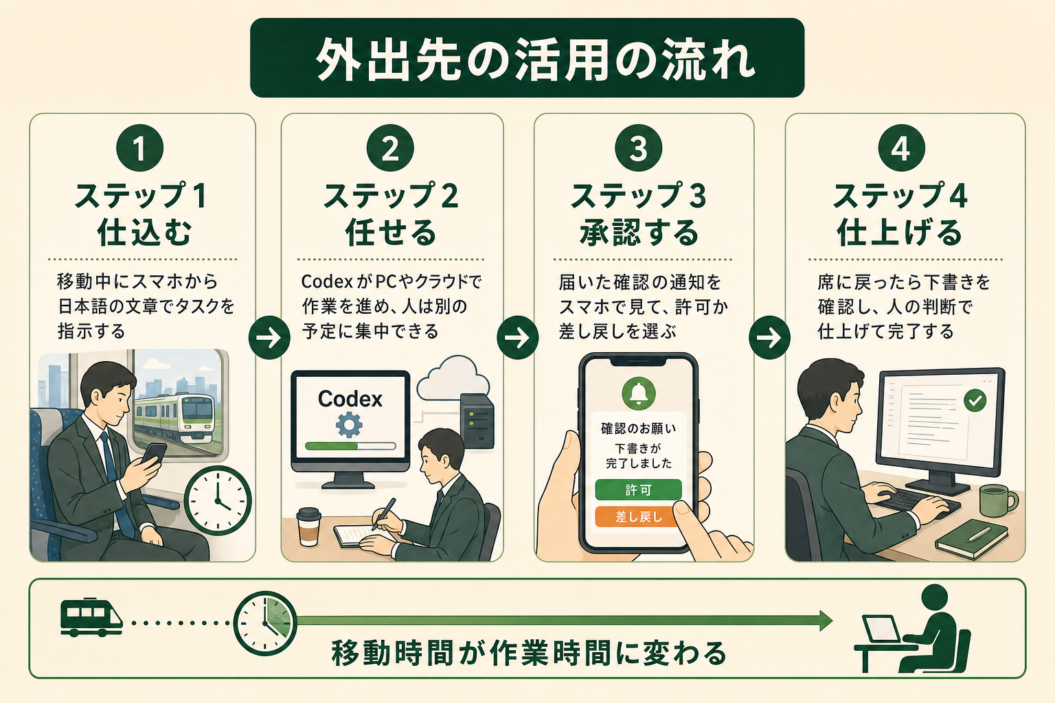 移動中にタスクを仕込み、Codexに任せ、スマホで承認し、席に戻って仕上げる4ステップの活用フローの図解