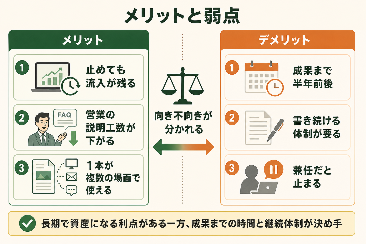コンテンツマーケティングの利点と弱点を対で示し、着手するかどうかの判断材料にできるようにする。