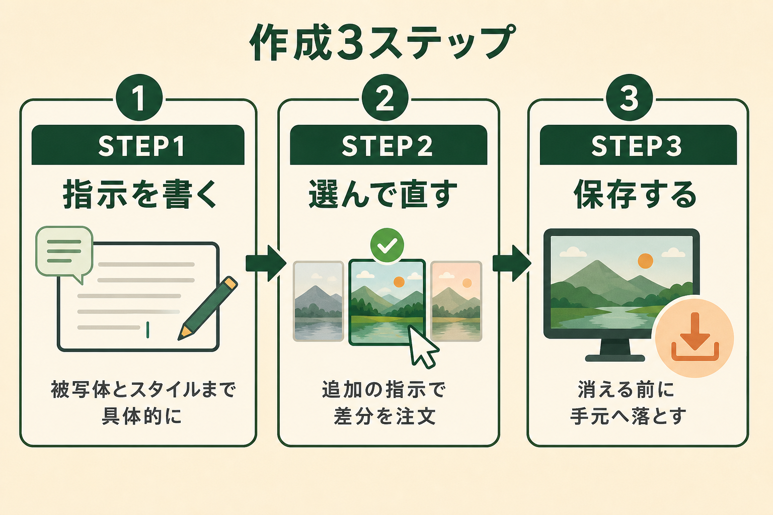 Copilotで画像を生成する3ステップの流れ図。STEP1で被写体とスタイルまで具体的に指示を書き、STEP2で候補から選んで追加の指示で直し、STEP3で消える前に手元へ保存する。