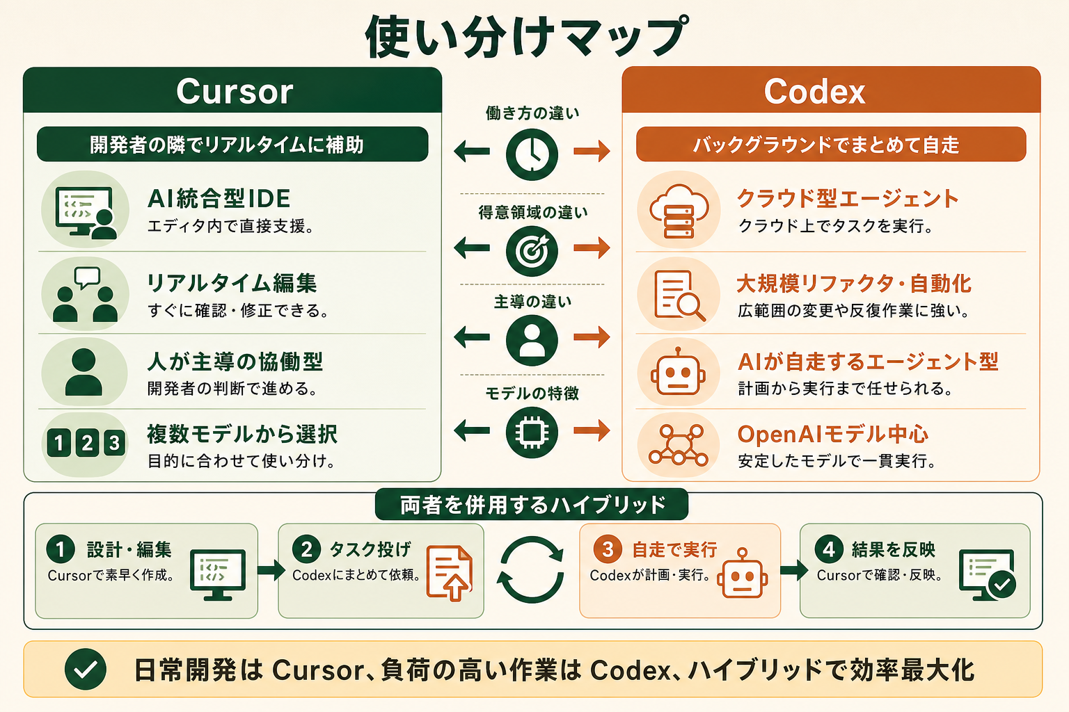 CursorとCodexを開発タスクの性質ごとにどう使い分けるかを、左右対比で一目で判断できる図にする。読者が自分のタスクにどちらが向くかを直感的につかめるようにする。