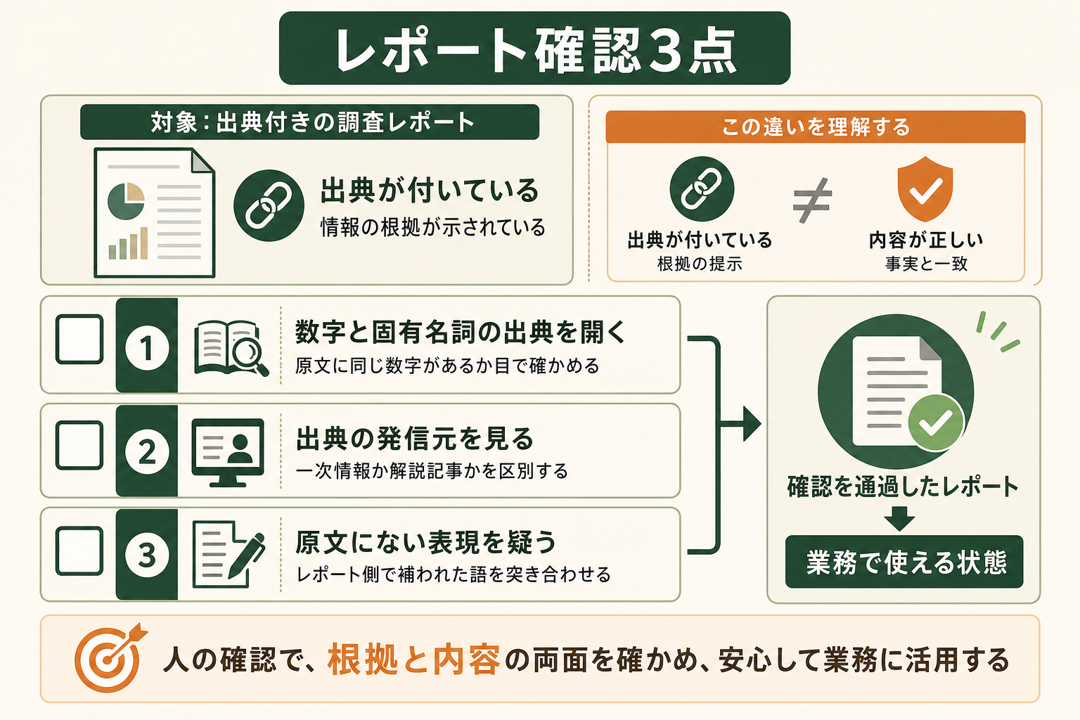 ディープリサーチが出したレポートを業務で使う前に、人が必ず確認すべき3点をチェックリストの形で示す。