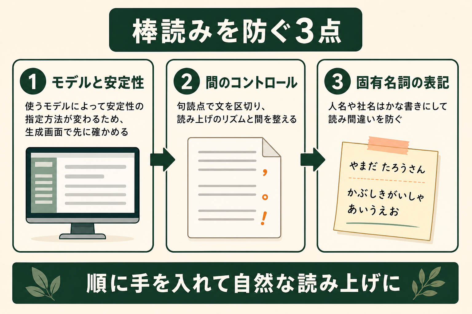 棒読みを防いで自然な日本語音声を作るための3つのコツを、手順として順に示す。