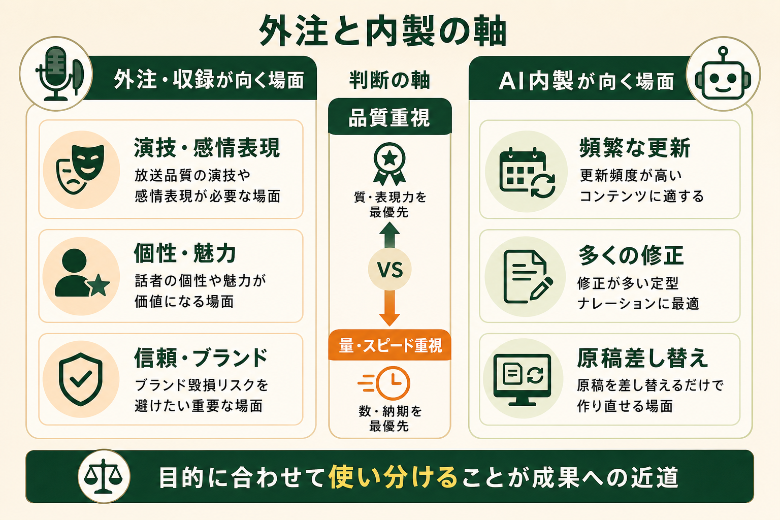 音声・ナレーション制作を外注するかAIで内製するかの使い分けの軸を、左右の対比で示す。