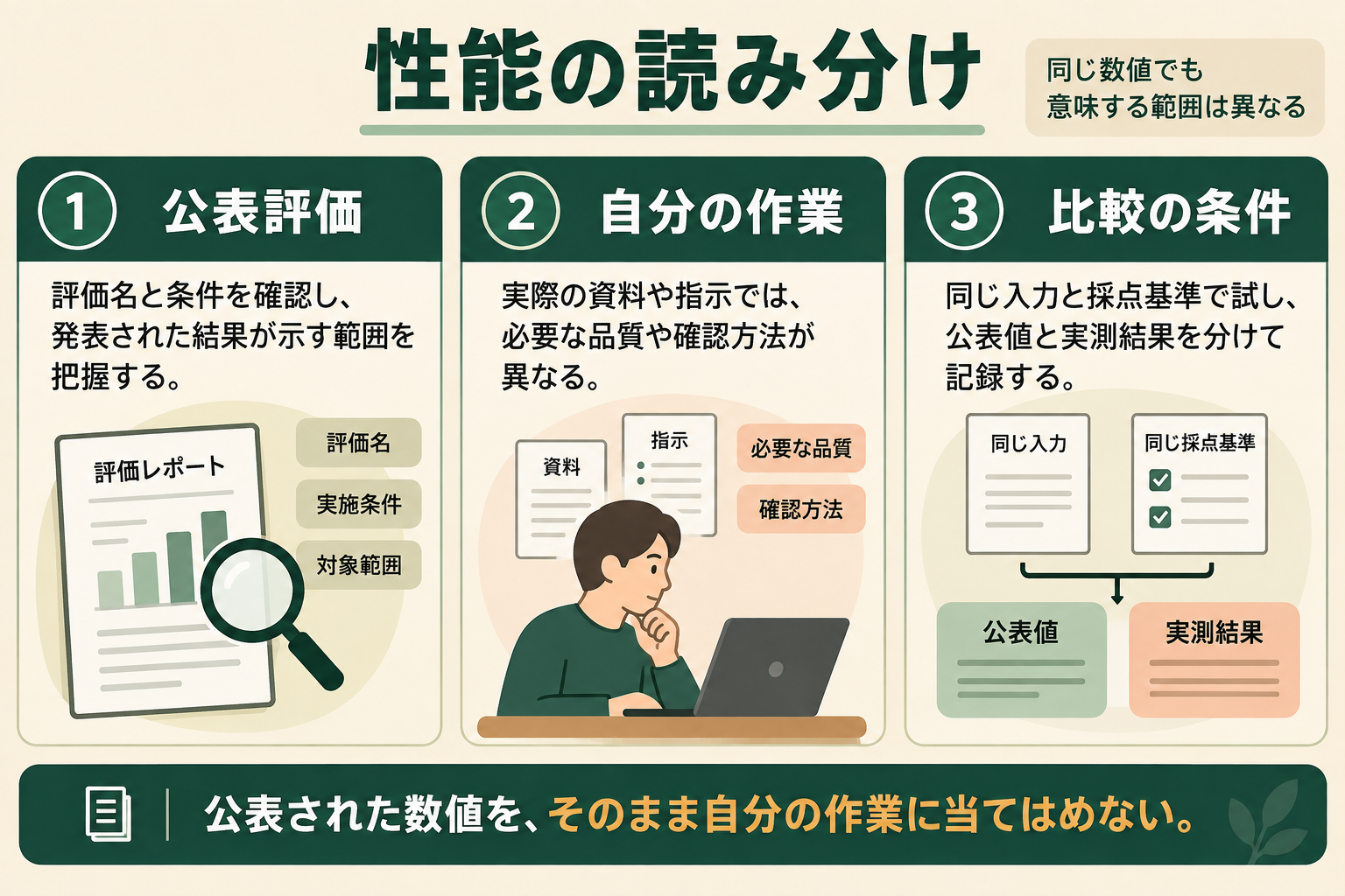 性能の読み分けの図解。公表評価、自分の作業、比較の条件
