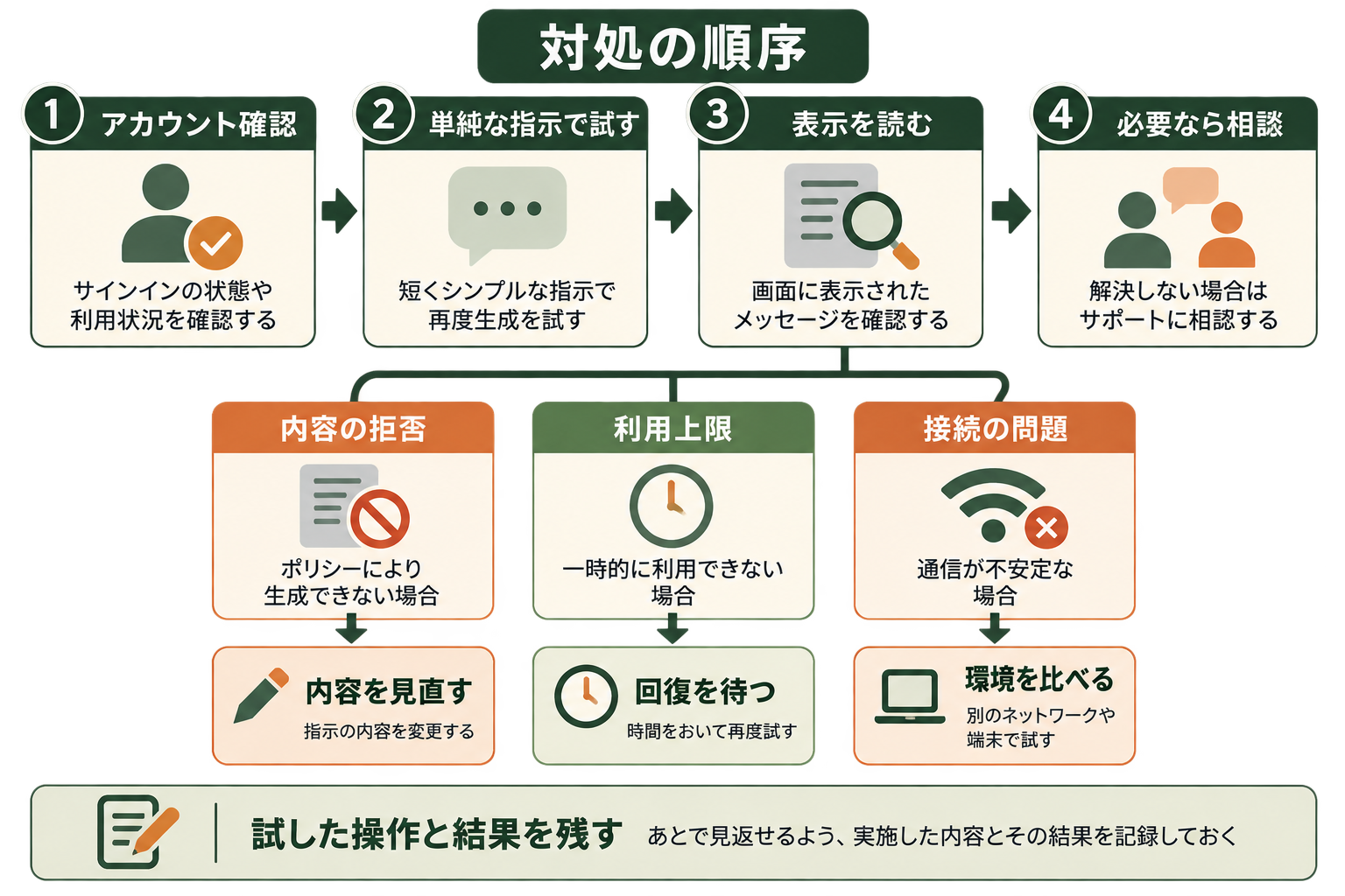 対処の順序の図解。アカウント確認、単純な指示で試す、表示を読む、必要なら相談、内容を見直す、回復を待つ