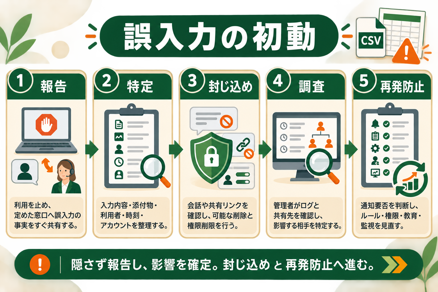 顧客CSVを誤って入力したとき、隠さず報告して影響範囲を確定し、封じ込めと再発防止へ進む順序を読者が読み取る。