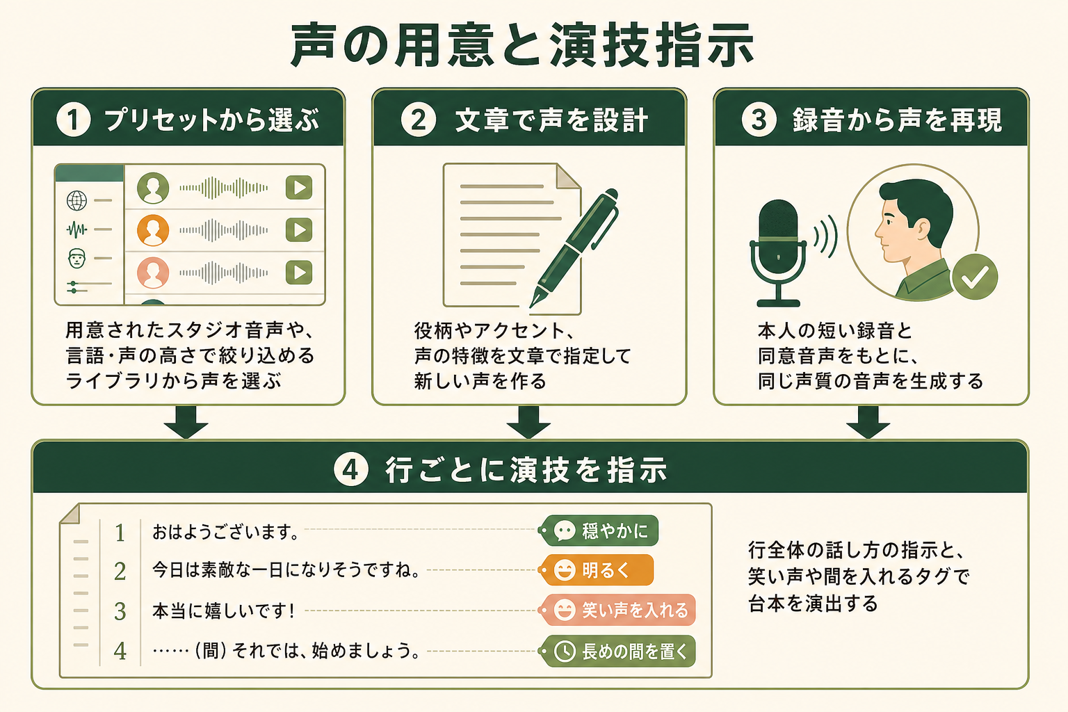 Gemini TTSで声を用意する3つの方法（プリセットから選ぶ・文章で設計する・録音から再現する）と、台本の行ごとに演技を指示する仕組みを示した図。