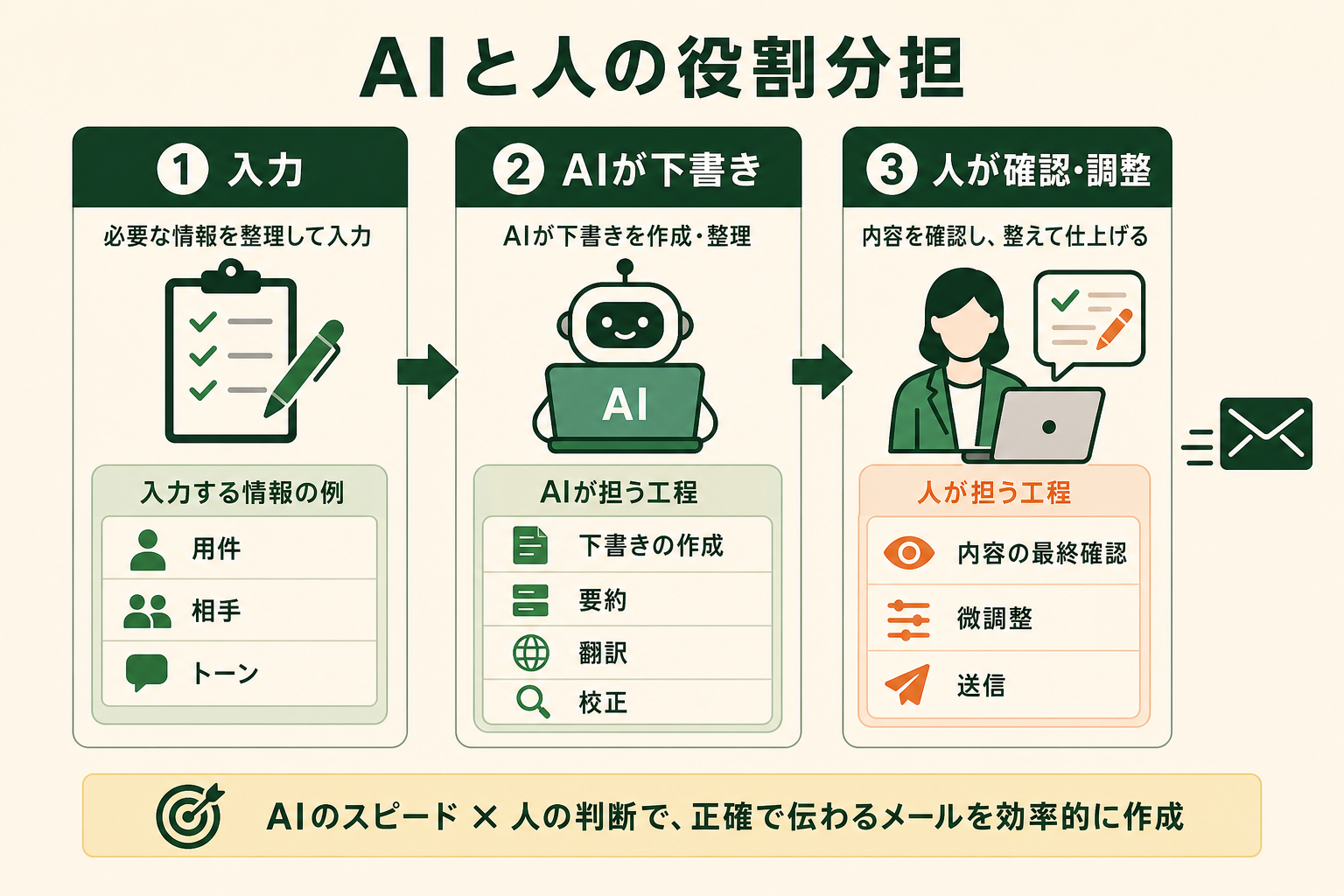 生成AIでメールを作成する際に、AIと人がそれぞれどの工程を担うのかという役割分担を一目で理解できるようにする。