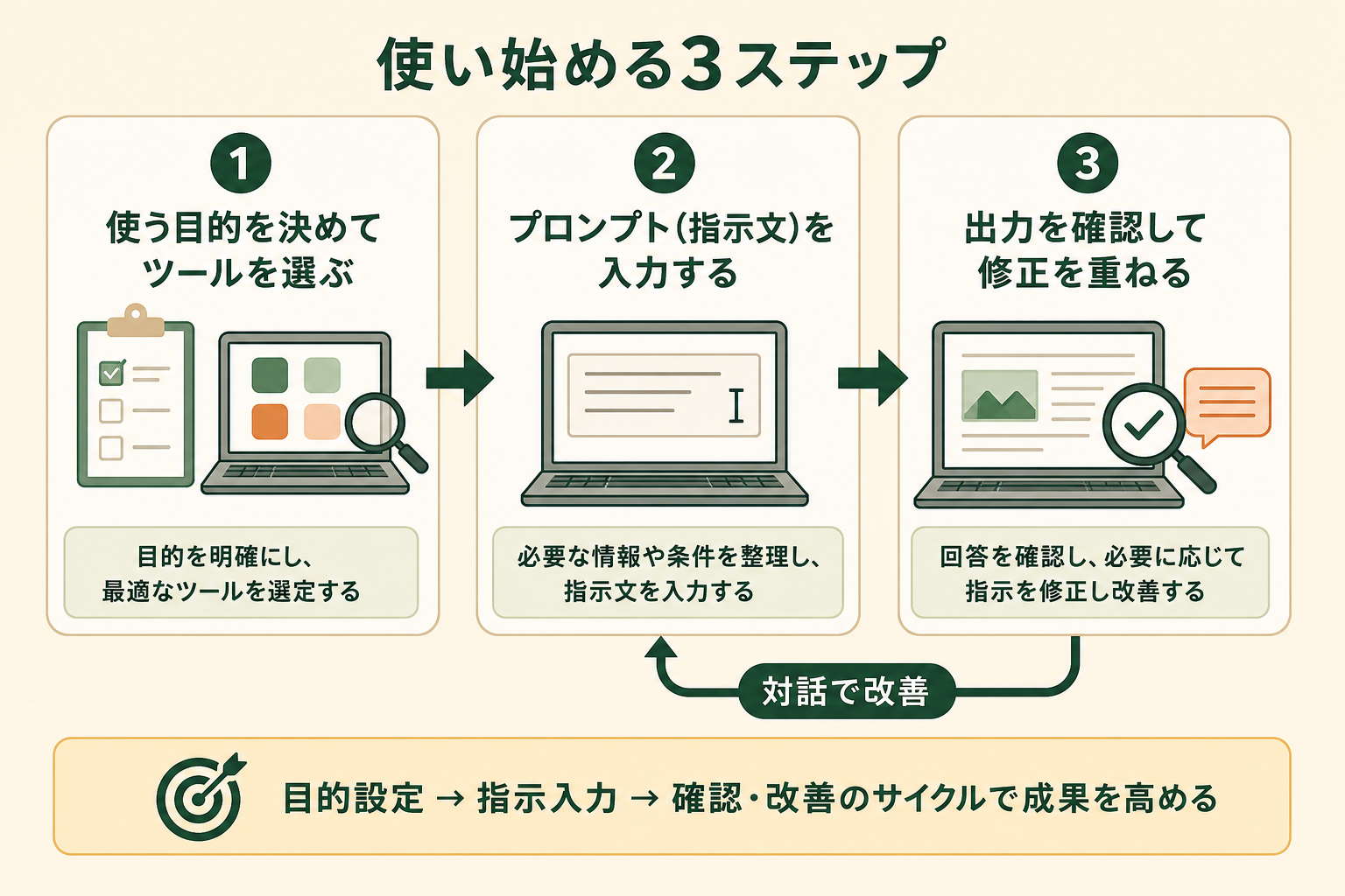 生成AIを使い始めるまでの手順を3ステップで視覚化し、初心者が「何から始めればいいか」の流れを一目でつかめるようにする。左から右へ進む流れ図にする。