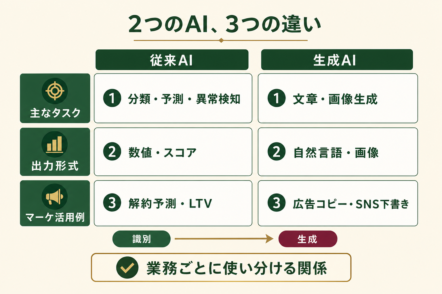 従来AIと生成AIの違いを3つの観点で比較した概念図