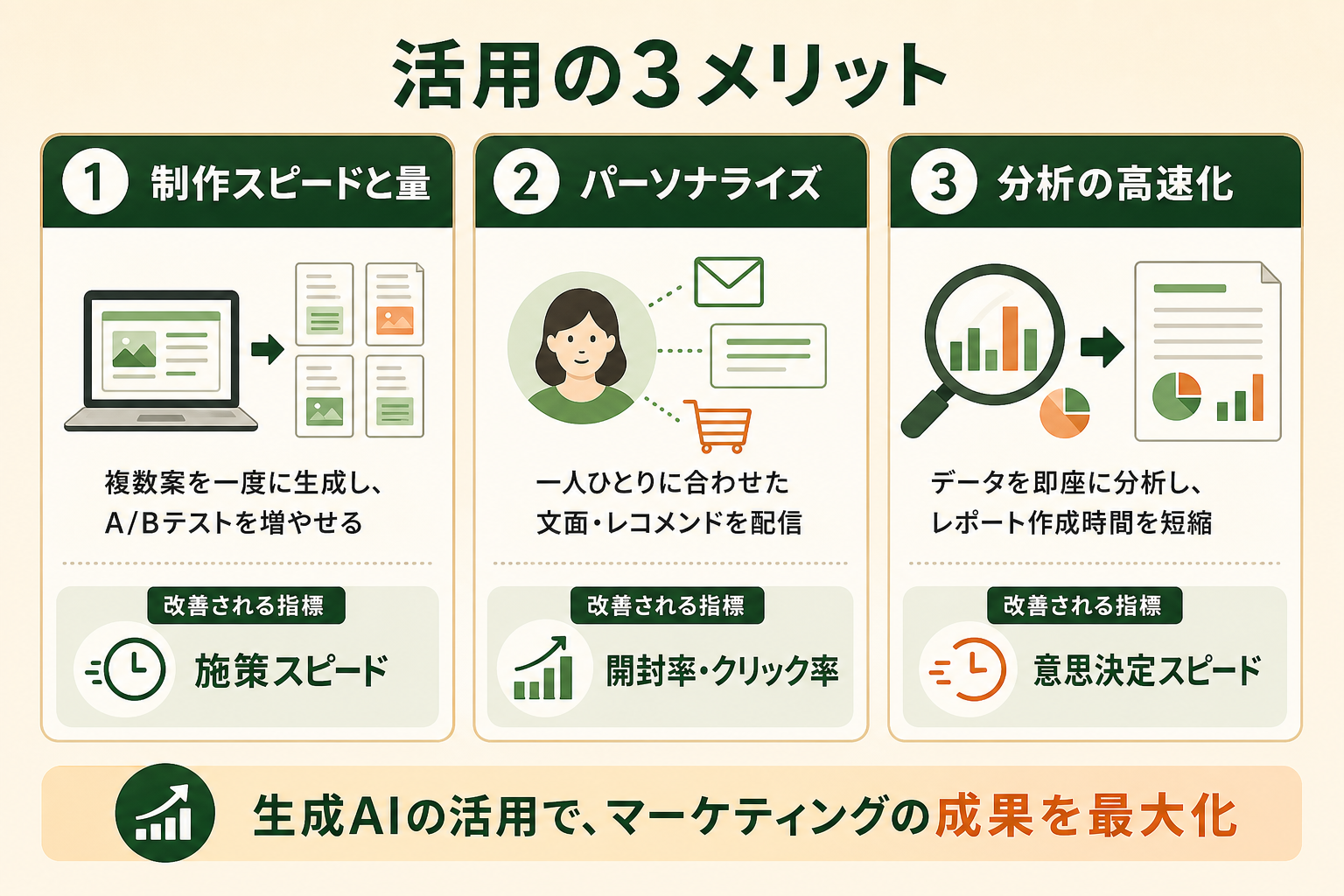 生成AIをマーケティングに取り入れたときに得られる3つのメリットを、横並びで比較しながら理解できる図にする。それぞれのメリットが「何を改善するか」をセットで示す。