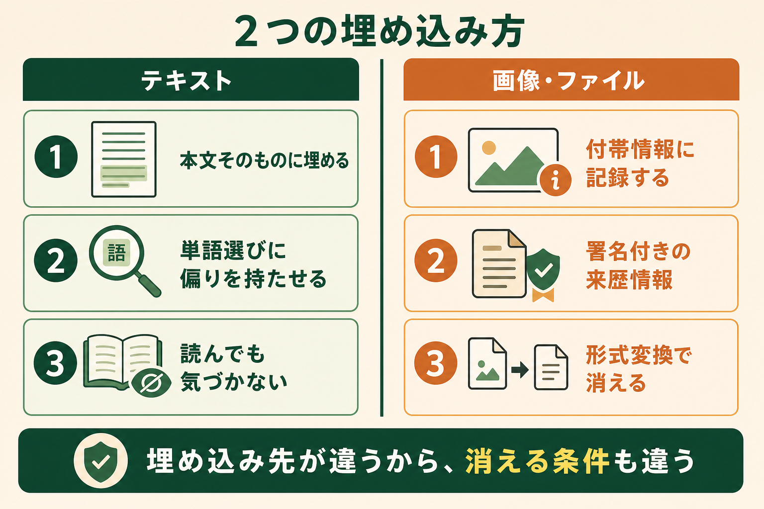 テキストと画像などのファイルで、印の埋め込み方がまったく違うことを左右の対比で示す。後に出てくる「消える条件」がなぜ両者で違うのかを、この図で先に腹落ちさせるのが狙い。