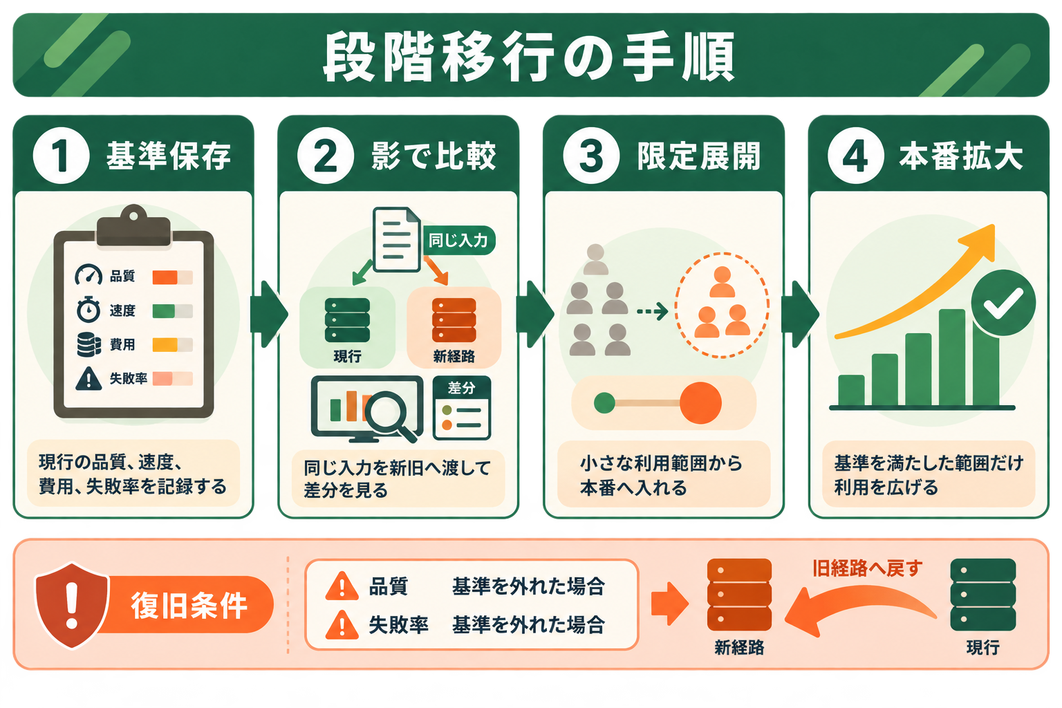 既存APIからの切り替えを一度に行わず、比較と復旧を含む4段階で進める考え方を5秒で理解できるようにする。