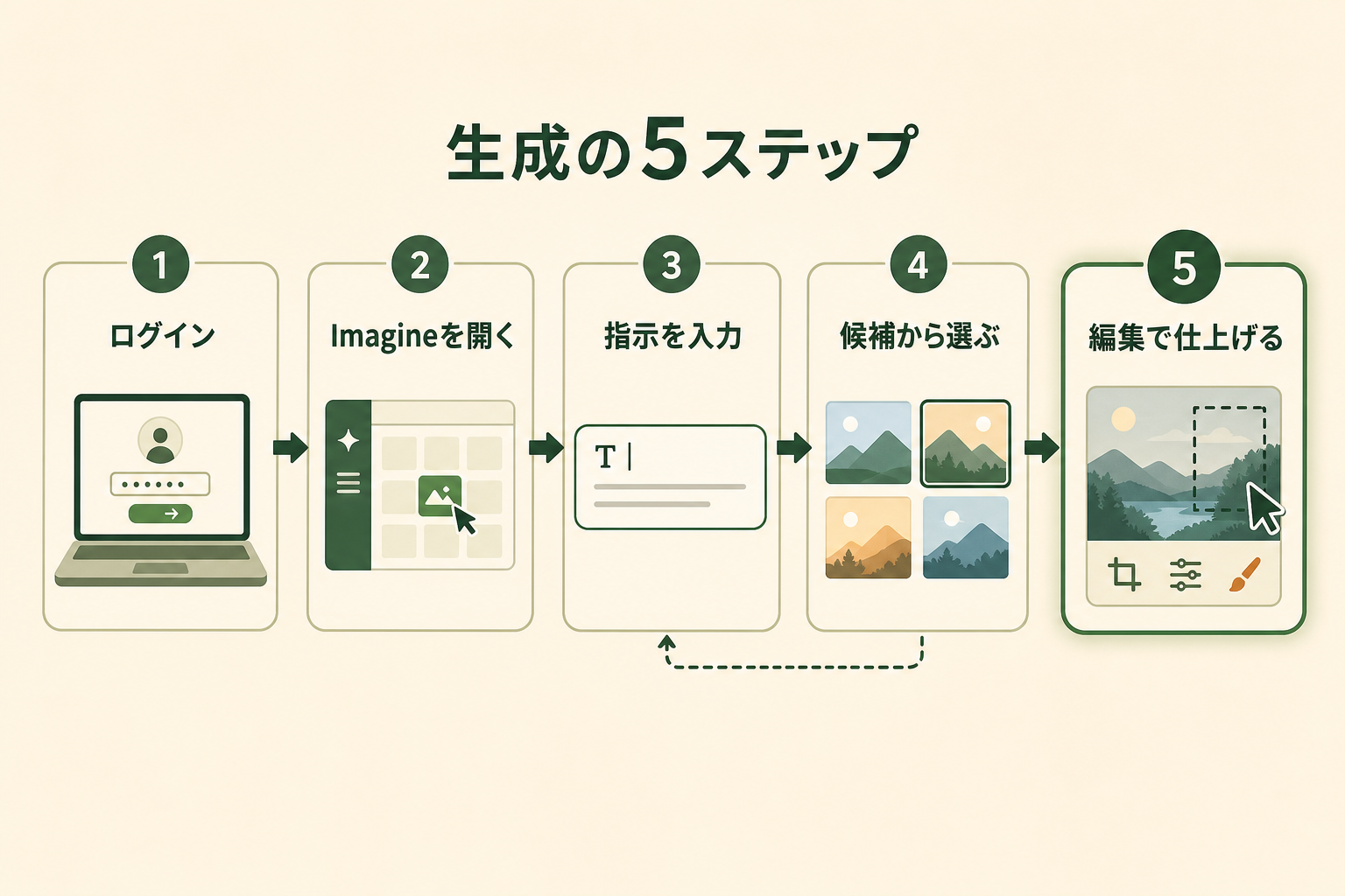 Grokで画像を生成する5ステップを左から右に並べたフロー図。ログイン、Imagineを開く、指示を入力、候補から選ぶ、編集で仕上げるの順で、候補から指示へ戻る破線も示している